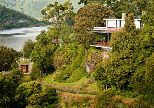 Building on top of a cliff, surrounded by plants and tall trees