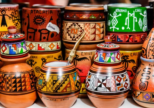 Traditional, Chilean clay cups and pots with colorful paintings