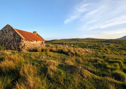 Stone building with a red roof in the middle of a grassy and weed field