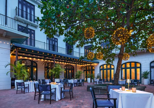 Outdoor patio next to a white building, with dining tables and lights on a tree