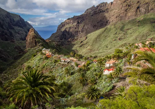 Row of houses along a mountain with grassy patches