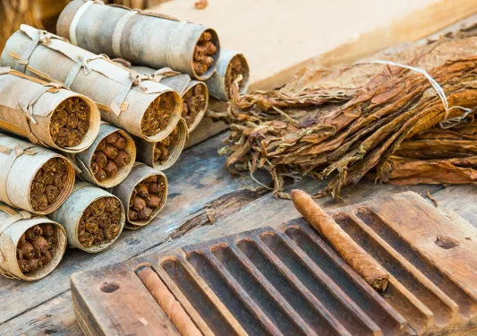 Bundles of cigars with a wooden cigar roller to the right