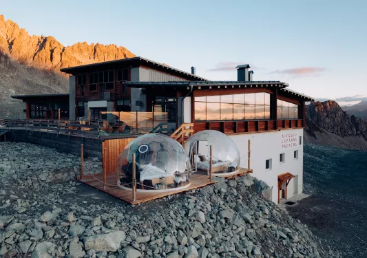 Exterior view of hotel building with large windows