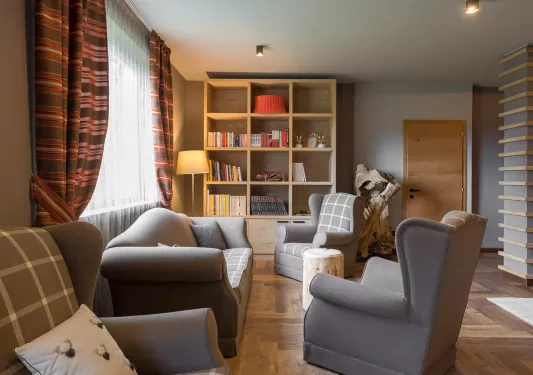 Library room with cushioned gray sofas and books in a bookshelf