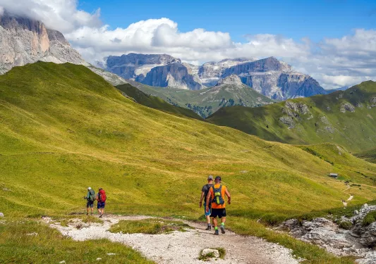 Group of people walking in a grassy valley towards tall mountains