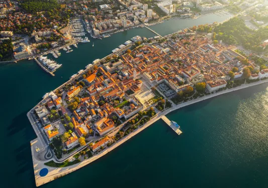 Sky view of a peninsula with a small town
