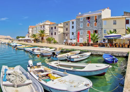 Boats docked by a row of houses