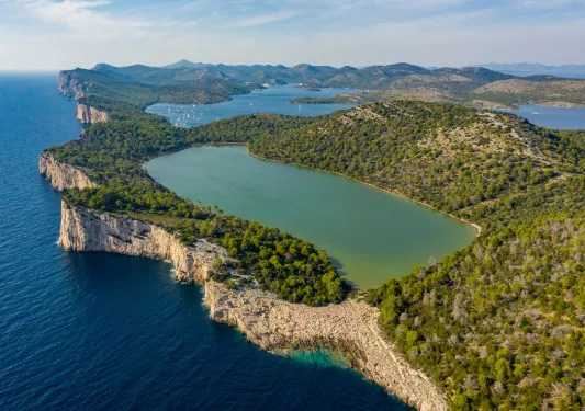 Large forest with a lake in the center, with the ocean to the left of the cliff