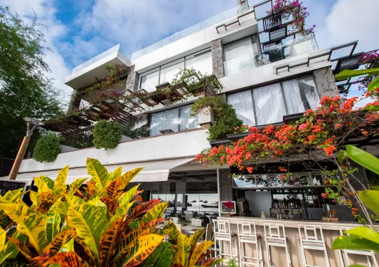 Exterior view of white hotel building, with plants and flowers along the walls