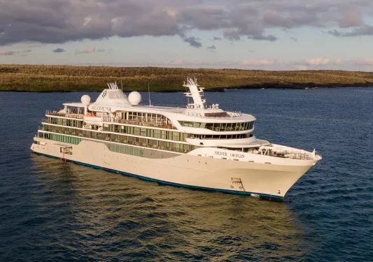 Exterior view of large cruise ship with an open valley in the background