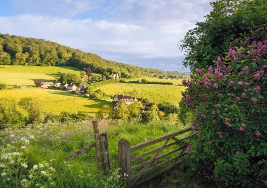 Large, open valley with small houses and grassy hills