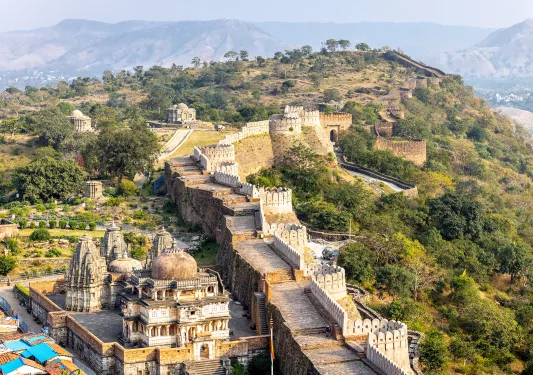 Long barricade of stone walls with buildings to the left and forest to the right