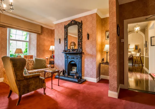 Seating area with red carpet and cushioned chairs in front of a black fireplace