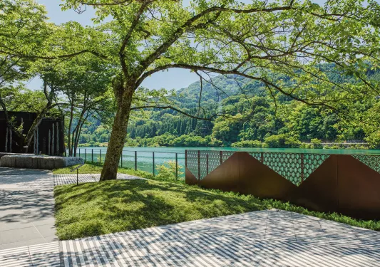 Large trees surrounding a large river