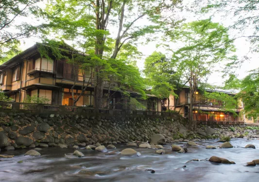 Exterior view of Japanese-style building on a small hill, with a river in front
