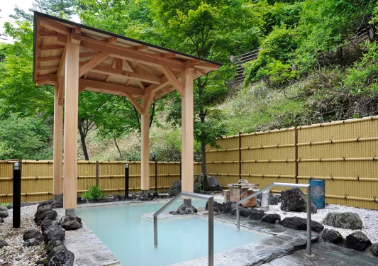 Outdoor hot bath, with stones and a forest surrounding the area