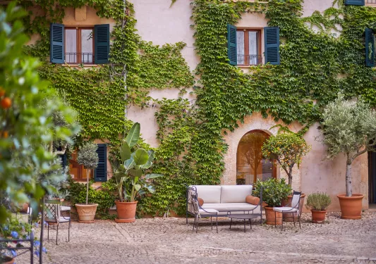 Exterior view of beige, stone building covered in leaves, with potted plants in front
