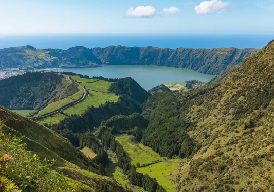 Sky view of a grassy valley with large hills and trees
