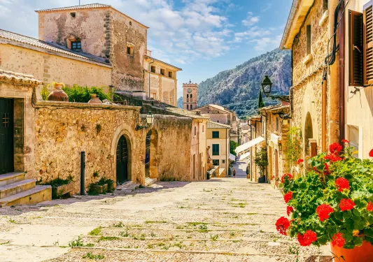 Alleyway lined with stone buildings and red roses