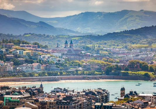 Sky view of town with a beach in the center