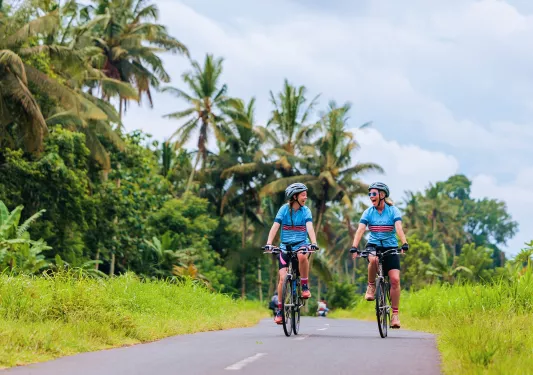 Two people riding bikes on an empty road surrounded by palm trees