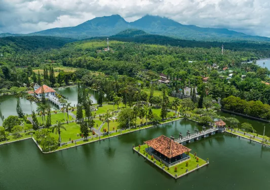 Sky view of a jungle and buildings with outdoor gardens