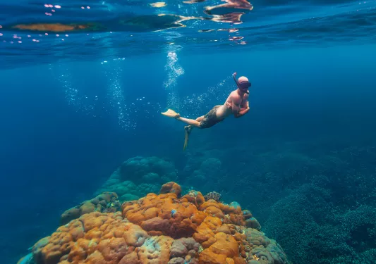 Man diving in the ocean with large coral reefs under