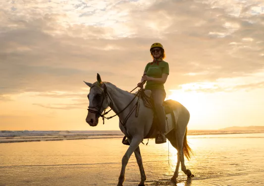 Woman smiling while riding a white horse on a beach