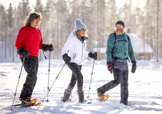 Women and two men with hiking poles and snow shoes, walking in a valley of snow