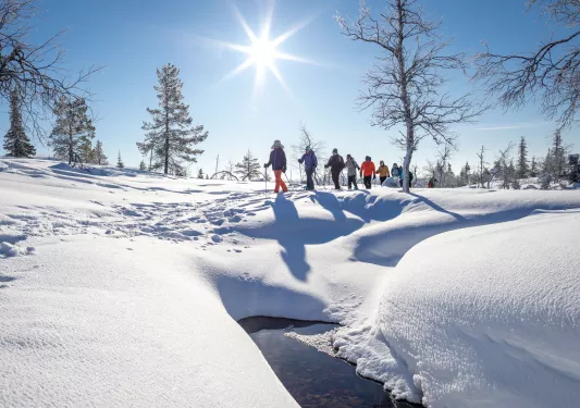 Group of people walking in a valley of snow