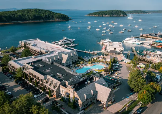Hotel complex with an ocean and small islands in the distance