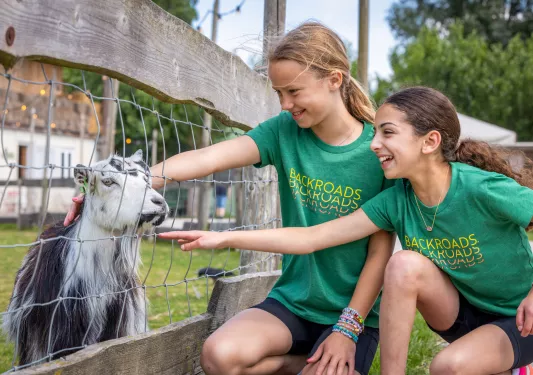 Two girls smiling while petting a goat through a fence