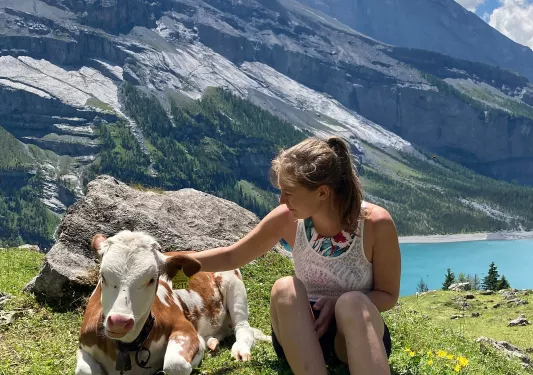 Woman sitting with a white and brown cow on top of a hill