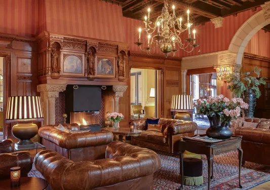 Lounge and seating area with large brown sofas and a fireplace