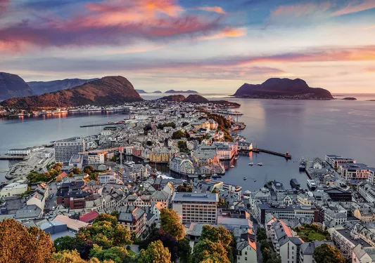 Cluster of buildings surrounded by two lakes