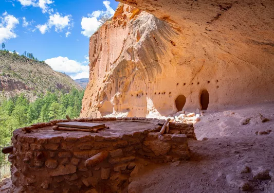 Case within an orange canyon with green trees to the left
