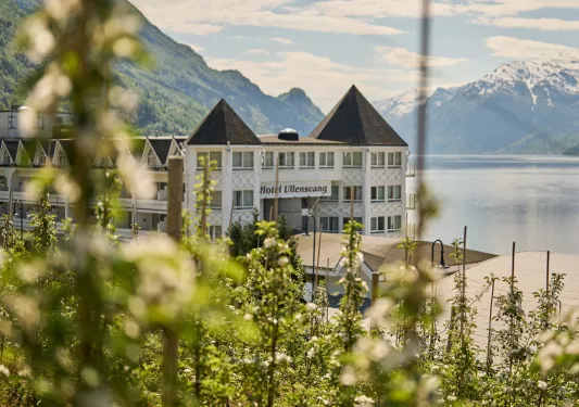Castle-like white and brown building by a lakefront