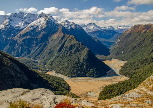 Large valley with mountains in the background