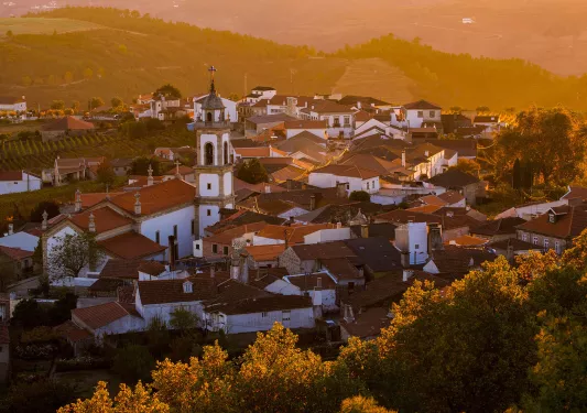 Sky view of a town with white and red buildings