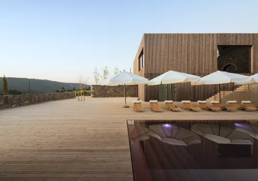Outdoor patio with an outdoor pool, surrounded with woven, reclining chairs
