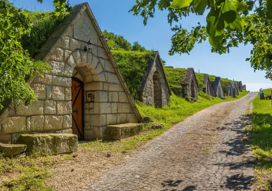 Dirt trail with a row of stone houses to the left