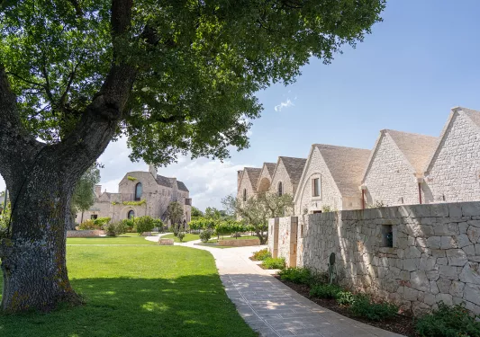 Row of white, stone buildings with a grass area and large tree in front