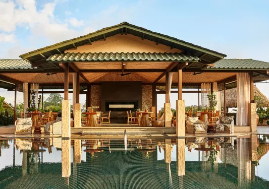 Reflecting pool next to covered dining area
