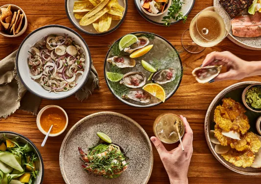 Colorful plates of food on the table