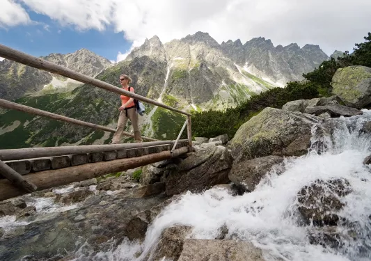 Backroads guest crosses a bridge over a rushing river on a hike