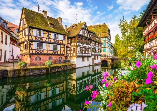 European-style houses in a row by a river canal