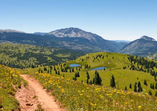 Dirt trail on top of a hill, with a large valley in the distance