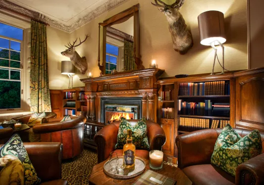 Library and lounge with leather chairs and a fireplace in the background