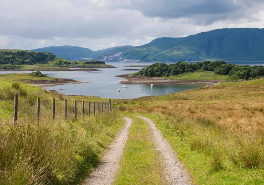 Rocky, dirt trail with a lake in the background