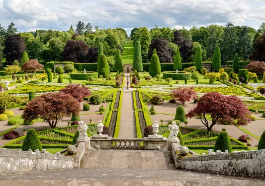 Palace garden and courtyard with trimmed bushes and trees